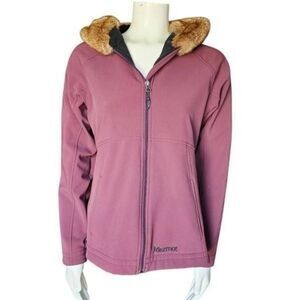 Marmot Women’s Medium Softshell Jacket Faux Fur Hood Lined Purple Full Zip Outdo